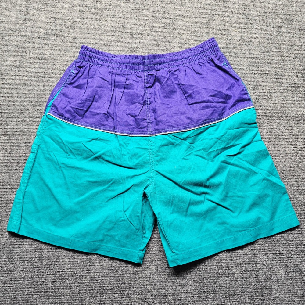 Vintage 80s Basic Editions Mens Medium Purple Teal Colorblock Swim Trunks Shorts